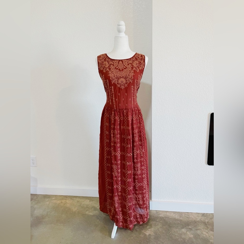 Johnny Was Brown Embroidered Sleeveless Maxi Dress Women’s Medium Boho Long